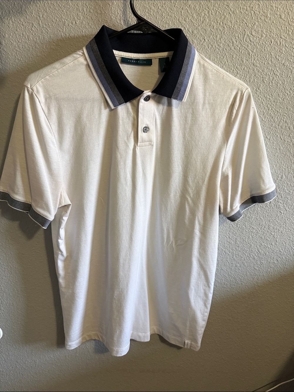 Perry Ellis White Polo with Navy and Gray Trim